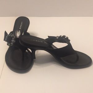 Antonio Melani black suede, kitten heel, thong.